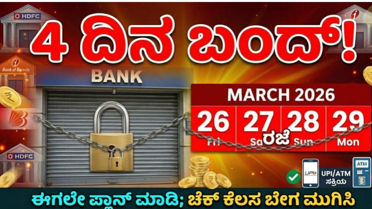 Bank Holidays 2026 India 4 days bank closed Kannada news